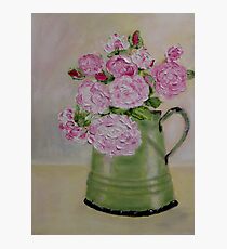 Pink roses in enamel jug Photographic Print