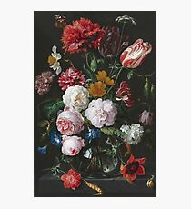 Jan Davidsz De Heem - Still Life With Flowers In A Glass Vase. Still life with fruits and vegetables: fruit, vegetable, grapes, tasty, gastronomy food, flowers, dish, cooking, kitchen, vase Photographic Print