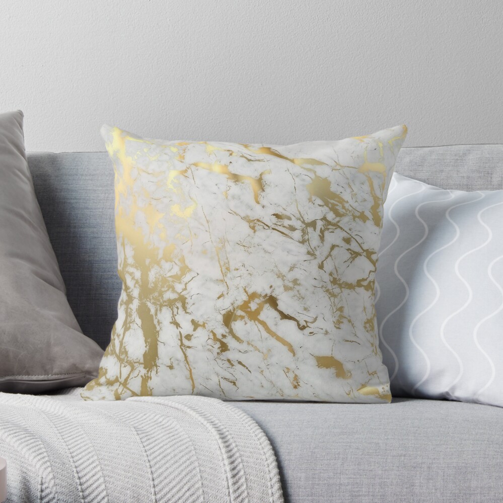 Gold marble on white (original height quality print) Throw Pillow