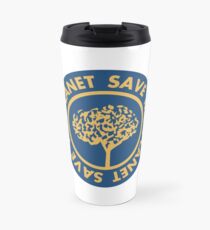 Save the planet hand drawn lettering on clean white background. Retro style calligraphy, motivational phrase for Earth day. For greeting card, logo, badge, print, poster, party designs. Travel Mug