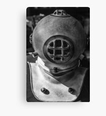 black and white photograph of an old divers helmet Canvas Print