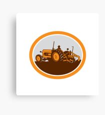 Vintage Farm Tractor Farmer Plowing Oval Retro Canvas Print