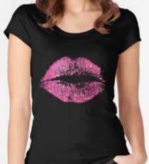 Stilvolle rosa Glitter Lippen Tailliertes Rundhals-Shirt
