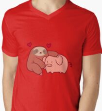 Faultier liebt Schwein T-Shirt mit V-Ausschnitt für Männer