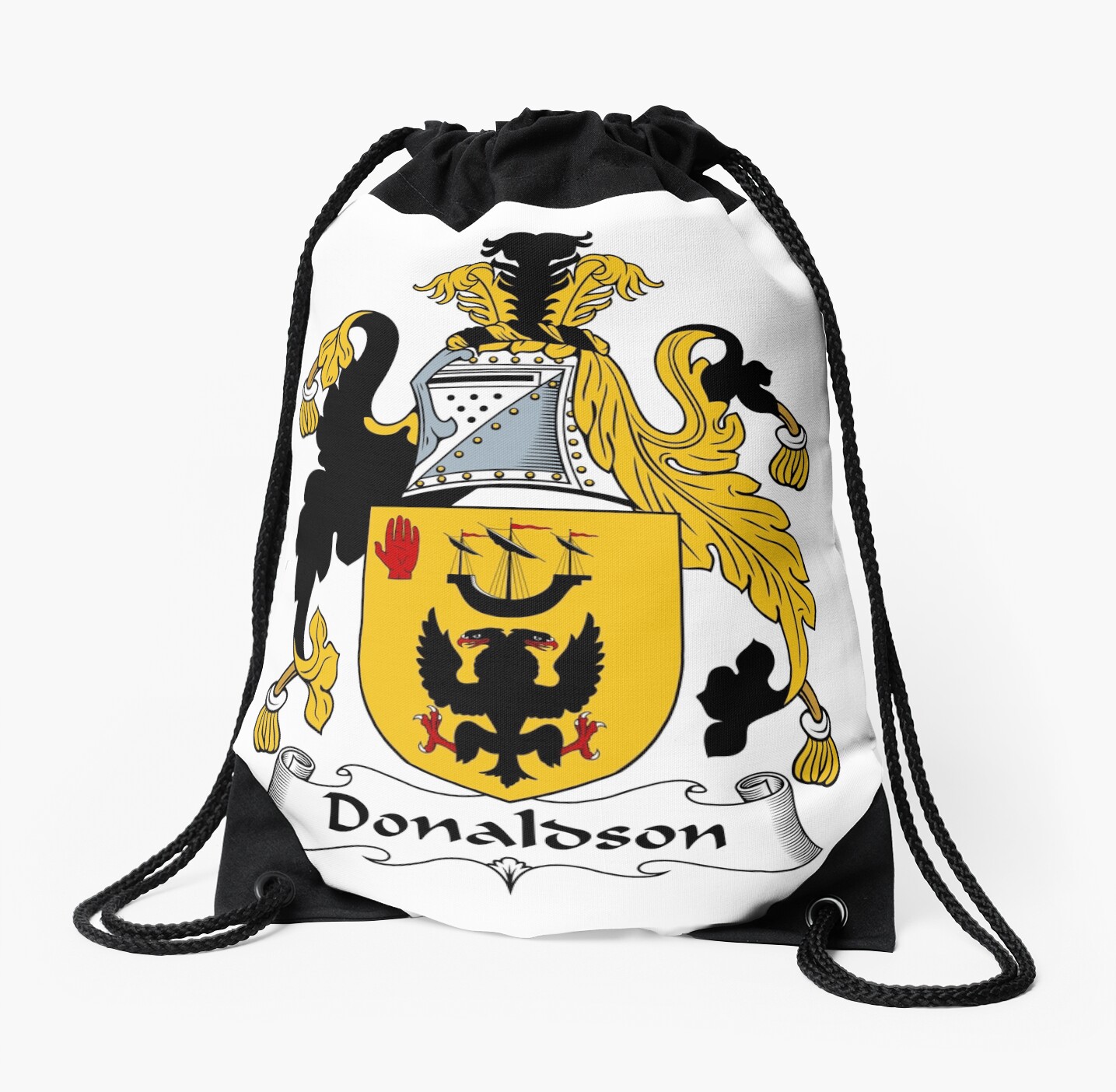 "Donaldson Coat of Arms / Donaldson Family Crest" Drawstring Bag by