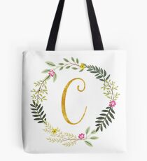 Floral and Gold Initial Monogram C Tote Bag