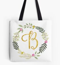 Floral and Gold Initial Monogram B Tote Bag