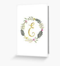 Floral and Gold Initial Monogram E Greeting Card