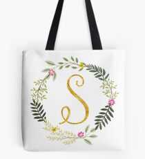 Floral and Gold Initial Monogram S Tote Bag