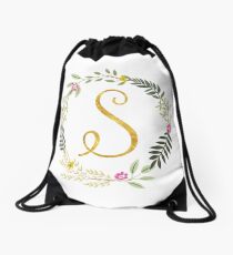 Floral and Gold Initial Monogram S Drawstring Bag