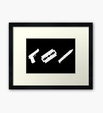 Guns, Razors, Knives (White) Framed Print