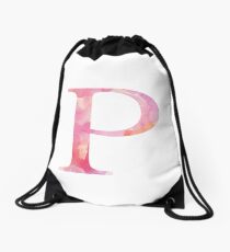 Pink Rho Watercolor Letter Drawstring Bag