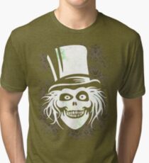 HATBOX GHOST WITH GRUNGY HAUNTED MANSION WALLPAPER Tri-blend T-Shirt