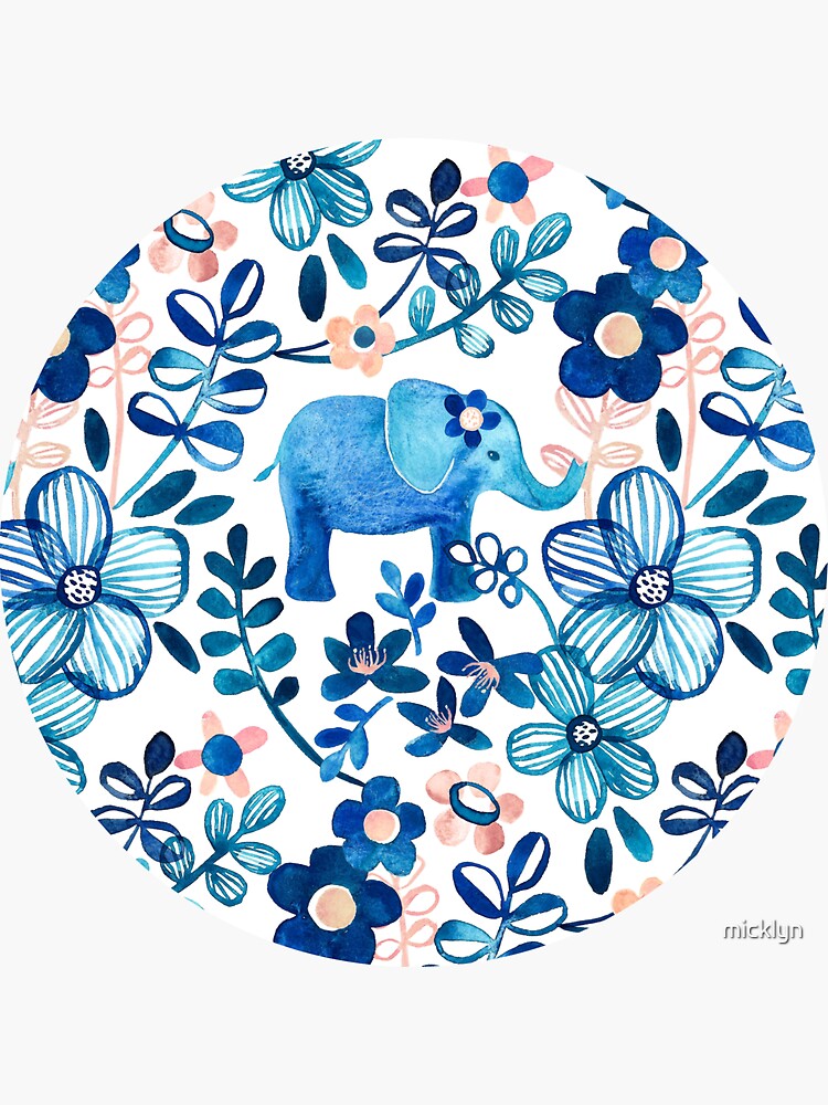 Blush Pink, White and Blue Elephant and Floral Watercolor Pattern by micklyn