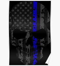 Thin Blue Line Police American Flag Distressed Skull Poster