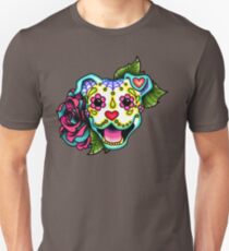Smiling Pit Bull in White - Day of the Dead Pitbull - Sugar Skull Dog Unisex T-Shirt