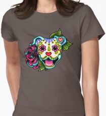 Smiling Pit Bull in White - Day of the Dead Pitbull - Sugar Skull Dog Women's Fitted T-Shirt