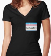 Trans Pride Pronoun Nametag - she/her/hers Women's Fitted V-Neck T-Shirt