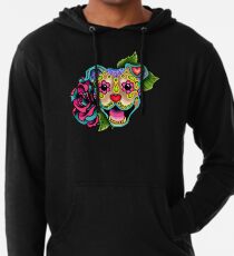 Smiling Pit Bull in Fawn - Day of the Dead Happy Pitbull - Sugar Skull Dog Lightweight Hoodie