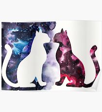 Galaxy Cats, Red Silhouette and Blue Space Poster