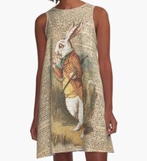 Weißes Kaninchen Alice im Wunderland-Weinlese-Kunst A-Linien Kleid