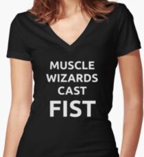 Muscle wizards cast FIST - white text Women's Fitted V-Neck T-Shirt