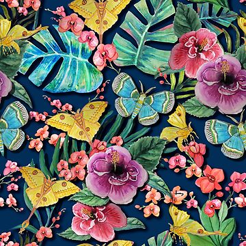 Artwork thumbnail, Blue butterfly and tropical hibiscus jungle floral Moody Blue Floral Jungle tropical with orchids, hibiscus, palms and tropical moths by MagentaRose
