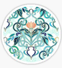 Ocean Aqua Art Nouveau Pattern with Peach Flowers Sticker