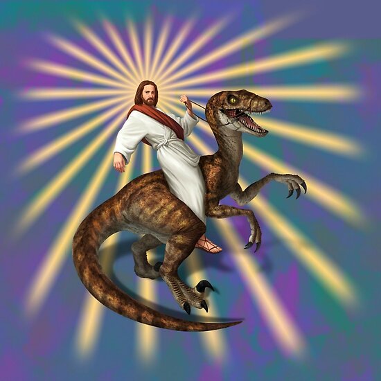 jesus riding a velociraptor