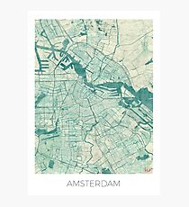 Amsterdam Map Blue Vintage Photographic Print