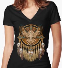 Native American Beadwork Owl Mandala Women's Fitted V-Neck T-Shirt