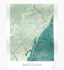 Barcelona Map Blue Vintage Poster