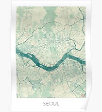 Seoul Map Blue Vintage Poster
