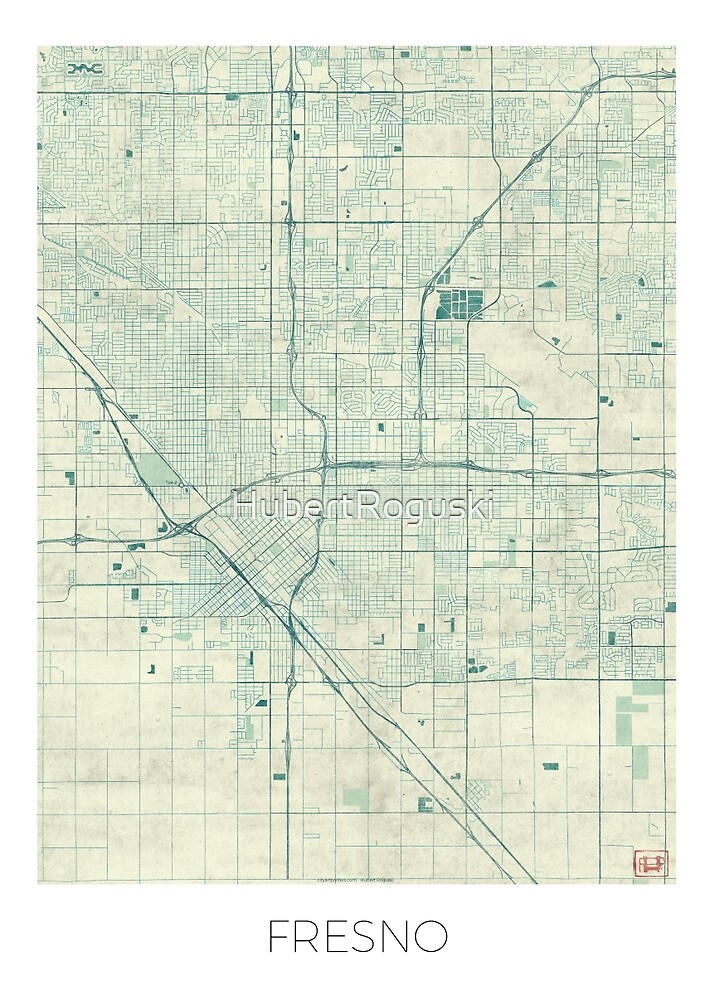 Fresno Map Blue Vintage by HubertRoguski