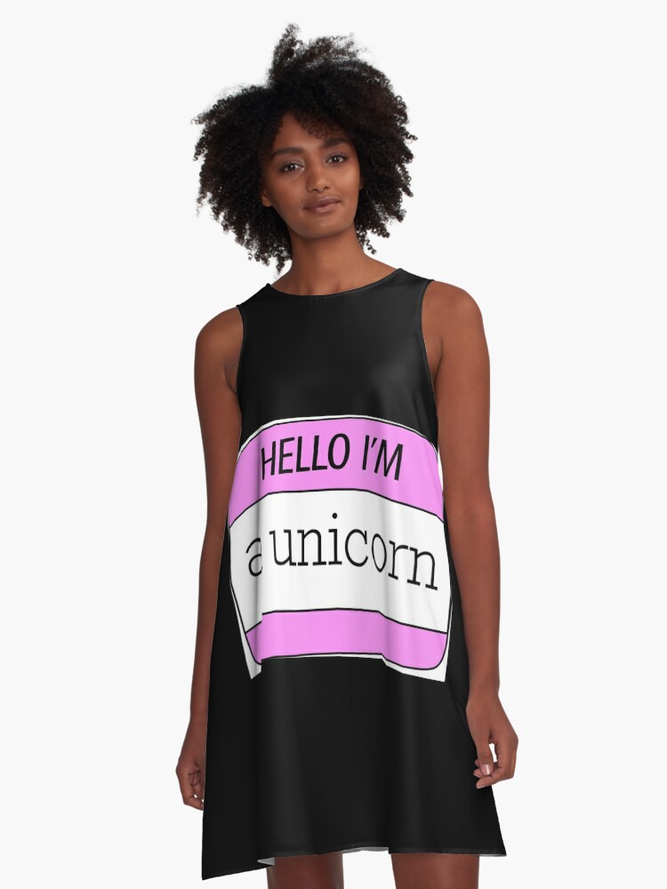 Hello I M A Unicorn Name Tag A Line Dress By Iceteaology Redbubble