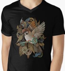 Uhrwerk-Spatz T-Shirt mit V-Ausschnitt