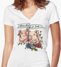 'Friends, not Food' Pig Veggie Vegan Illustration Women's Fitted V-Neck T-Shirt