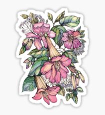 Red Trumpet Vine flowers on blue Sticker