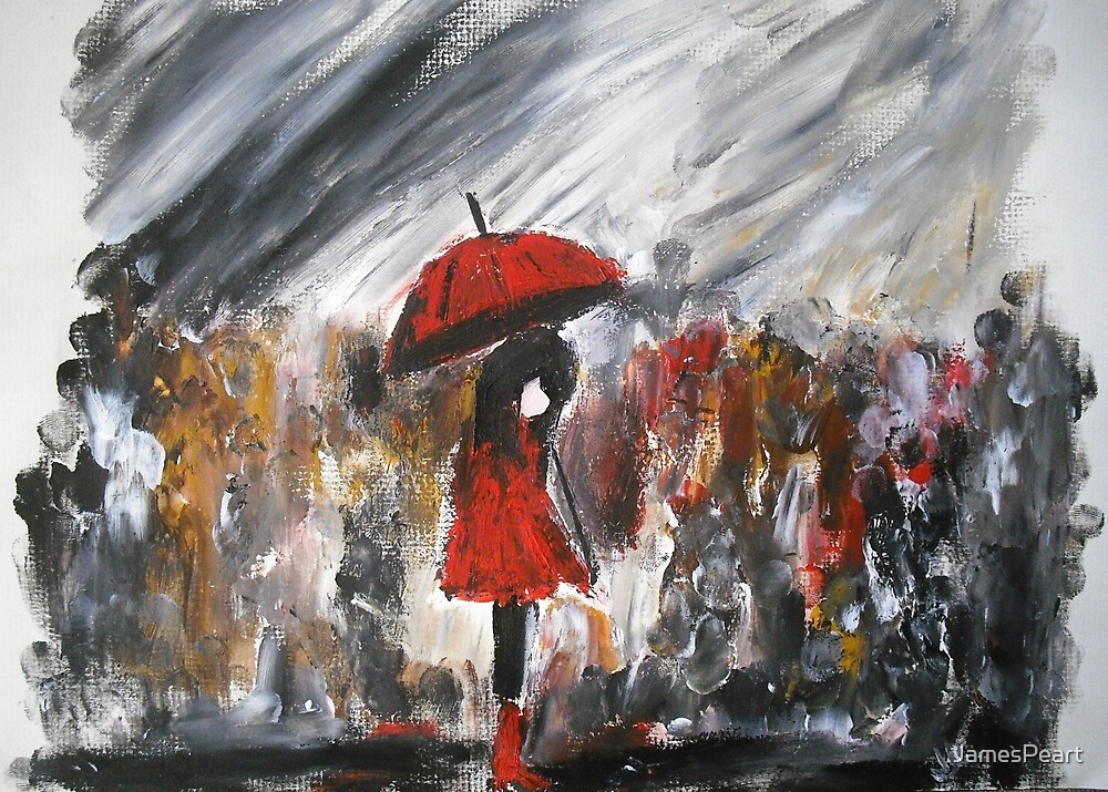 "Girl In Red Raincoat Umbrella Rainy Day Acrylic Painting On Paper" by