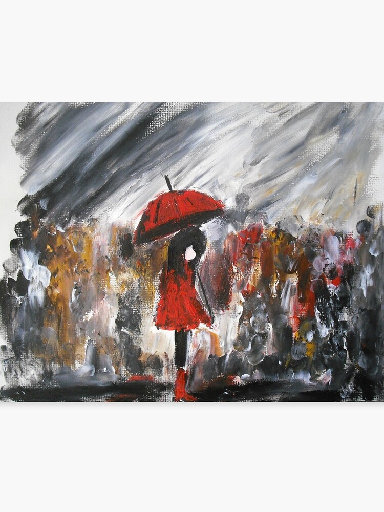 Girl In Red Raincoat Umbrella Rainy Day Acrylic Painting On Paper Canvas Print