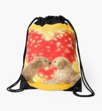 Kissing Cockerpoo puppies and red love heart Drawstring Bag