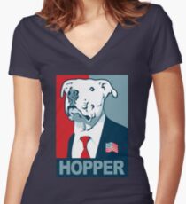 Feel The Hopper (Red White and Hopper) Smaller Print Women's Fitted V-Neck T-Shirt