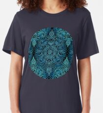Black, Teal & Aqua Protea Doodle Pattern Slim Fit T-Shirt