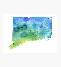 Hand Painted Watercolor Map of Connecticut in Blue and Green Photographic Print