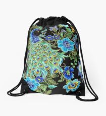 Peacock on Black Drawstring Bag