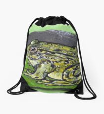 Green frog on water lily Drawstring Bag