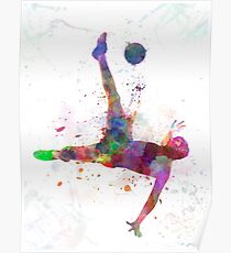 man soccer football player flying kicking Poster