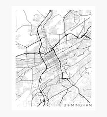 Birmingham Map, USA - Black and White Photographic Print