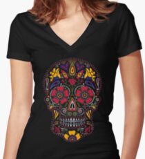 Day of the Dead Sugar Skull Dark Women's Fitted V-Neck T-Shirt