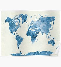 Weltkarte in Aquarell blau Poster